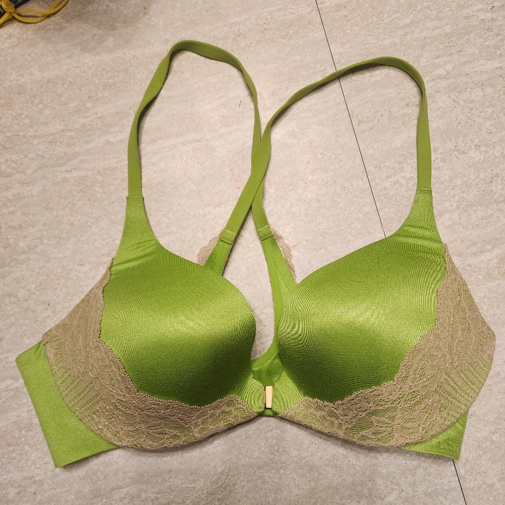 Victoria Secret Push Up Bra Front Clasp Lime Green Gold Lace 34C